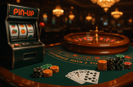 PinUp casino Honduras con tragamonedas, ruleta y fichas de póker en un salón elegante