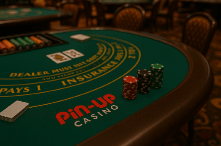 Mesa de blackjack en PinUp casino Honduras con fichas de póker y cartas en un ambiente elegante